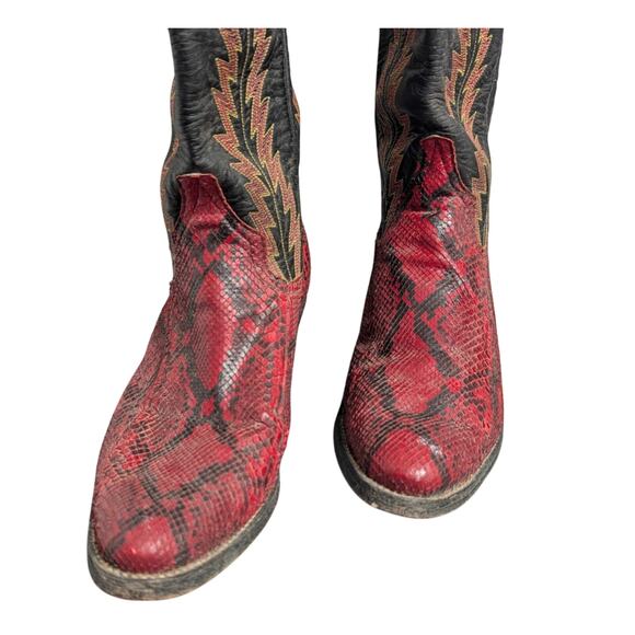 Larry Mahan Western Boots Womens 8.5B Python Snakeskin Red Color Block Rodeo - Picture 3 of 12